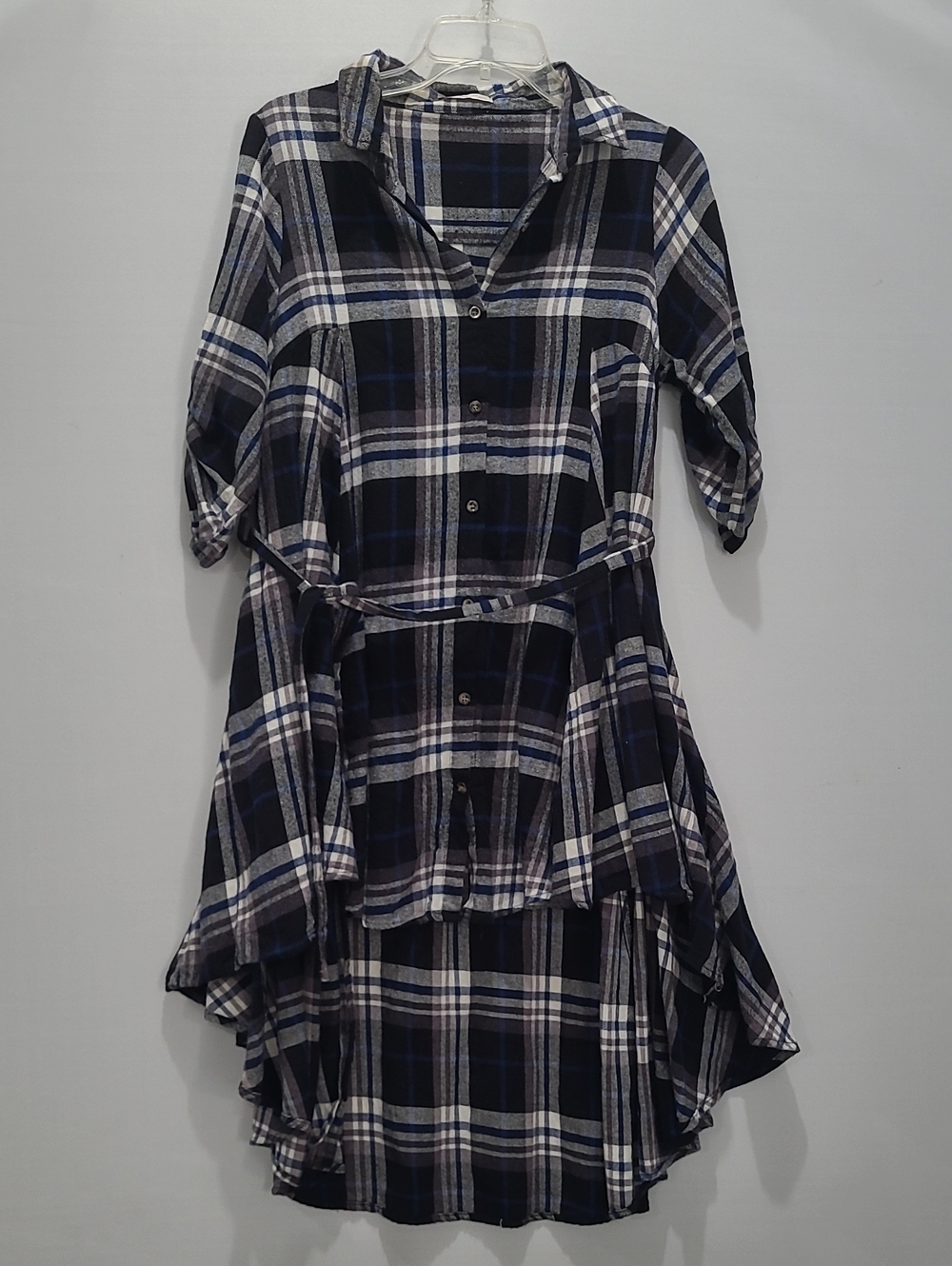 ACTIVE USA Plaid High-Low Shirt Dress Navy and White Sz M 3/4 Slve Boho Western